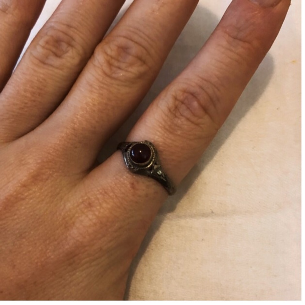 Maroon red and silver Mexicali blues ring